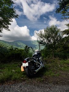 Preview wallpaper motorcycle, bike, black, back view, mountains