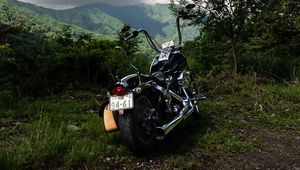 Preview wallpaper motorcycle, bike, black, back view, mountains