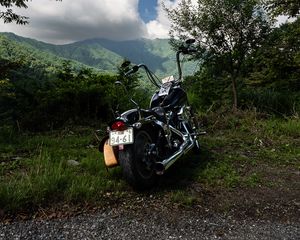 Preview wallpaper motorcycle, bike, black, back view, mountains