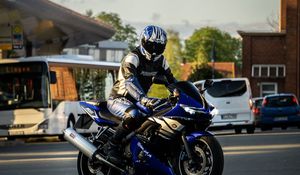 Preview wallpaper motorcycle, bike, blue, motorcyclist, helmet, road