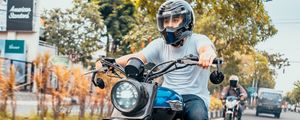 Preview wallpaper motorcycle, bike, blue, motorcyclist, speed, road