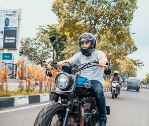 Preview wallpaper motorcycle, bike, blue, motorcyclist, speed, road