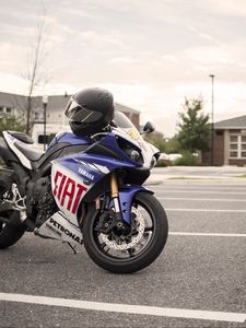 Preview wallpaper motorcycle, bike, blue, helmet, parking