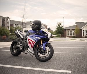 Preview wallpaper motorcycle, bike, blue, helmet, parking