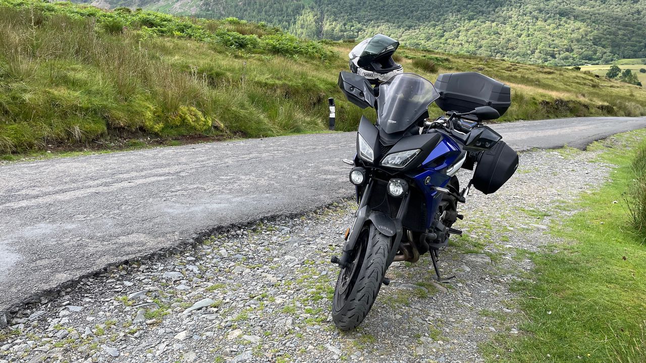 Wallpaper motorcycle, bike, blue, road, mountains, moto