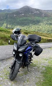 Preview wallpaper motorcycle, bike, blue, road, mountains, moto