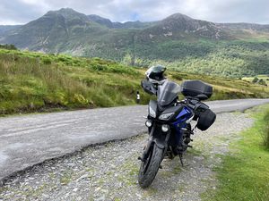 Preview wallpaper motorcycle, bike, blue, road, mountains, moto