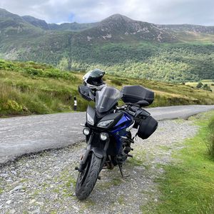 Preview wallpaper motorcycle, bike, blue, road, mountains, moto