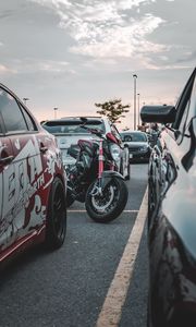 Preview wallpaper motorcycle, bike, cars, parking