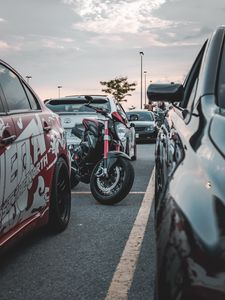 Preview wallpaper motorcycle, bike, cars, parking