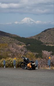 Preview wallpaper motorcycle, bike, chopper, black, mountains, nature