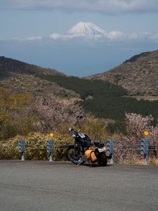 Preview wallpaper motorcycle, bike, chopper, black, mountains, nature