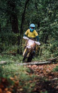 Preview wallpaper motorcycle, bike, motorcyclist, helmet, movement, forest