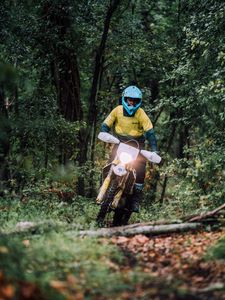 Preview wallpaper motorcycle, bike, motorcyclist, helmet, movement, forest