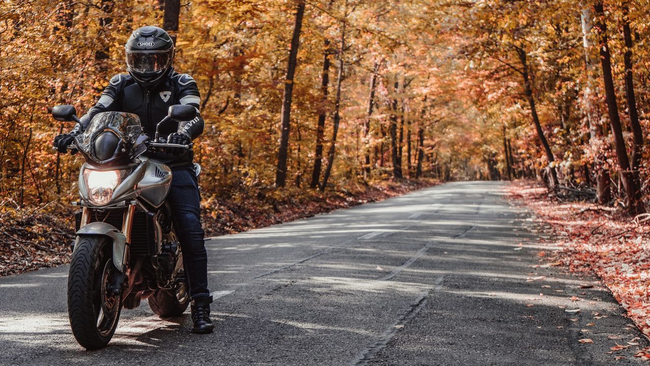 Wallpaper motorcycle, bike, motorcyclist, helmet, road, autumn