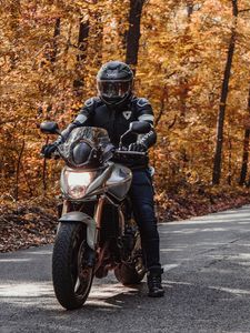 Preview wallpaper motorcycle, bike, motorcyclist, helmet, road, autumn