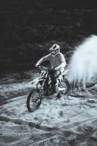 Preview wallpaper motorcycle, bike, motorcyclist, rally, sand, black and white