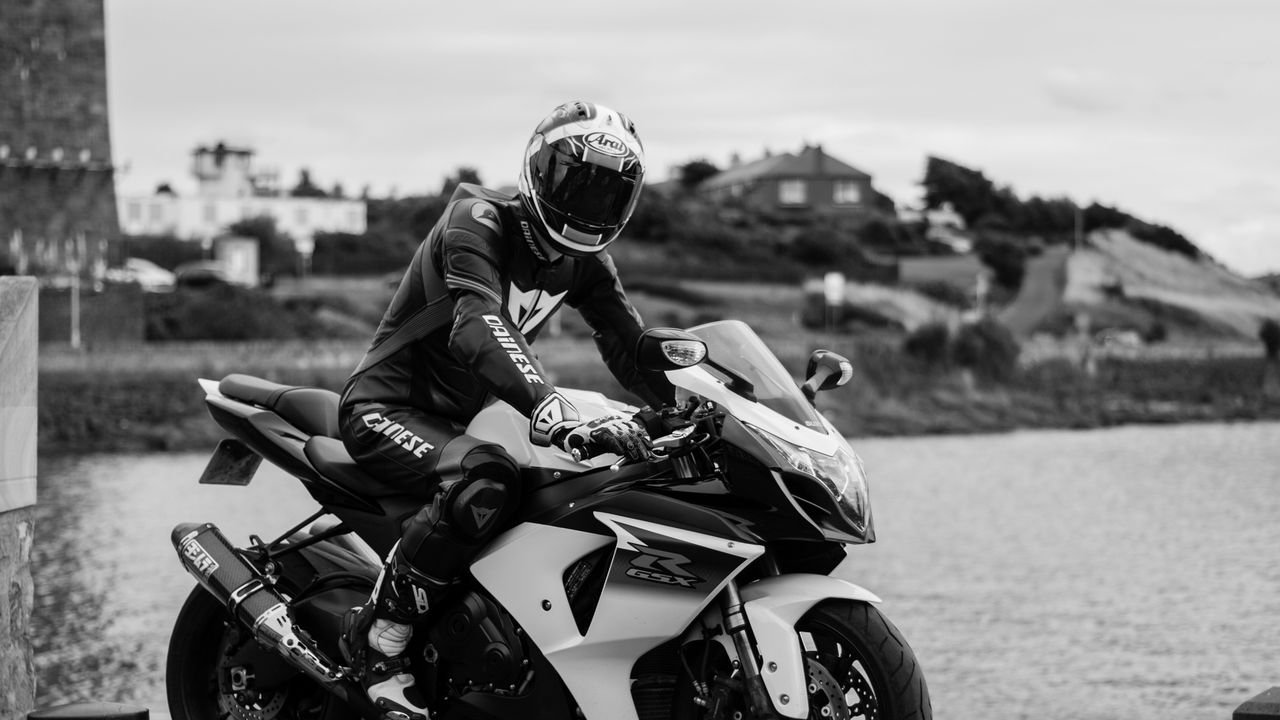 Wallpaper motorcycle, bike, motorcyclist, helmet, black and white, moto