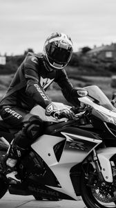 Preview wallpaper motorcycle, bike, motorcyclist, helmet, black and white, moto