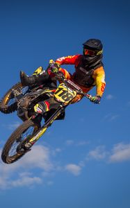 Preview wallpaper motorcycle, bike, motorcyclist, trick, jump, sky