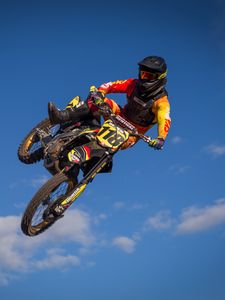 Preview wallpaper motorcycle, bike, motorcyclist, trick, jump, sky