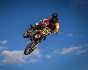 Preview wallpaper motorcycle, bike, motorcyclist, trick, jump, sky