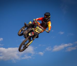 Preview wallpaper motorcycle, bike, motorcyclist, trick, jump, sky
