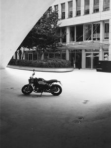 Preview wallpaper motorcycle, bike, parking, black and white