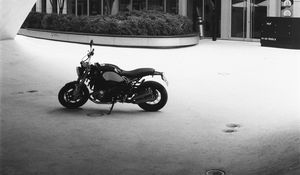 Preview wallpaper motorcycle, bike, parking, black and white