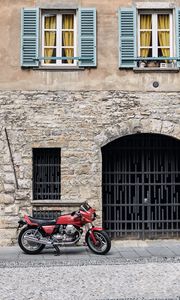 Preview wallpaper motorcycle, bike, red, building, road