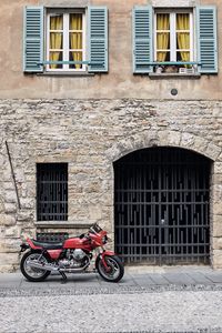 Preview wallpaper motorcycle, bike, red, building, road