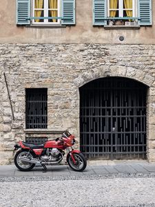 Preview wallpaper motorcycle, bike, red, building, road