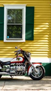 Preview wallpaper motorcycle, bike, red, house, yellow