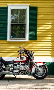Preview wallpaper motorcycle, bike, red, house, yellow