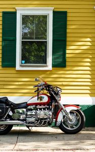 Preview wallpaper motorcycle, bike, red, house, yellow