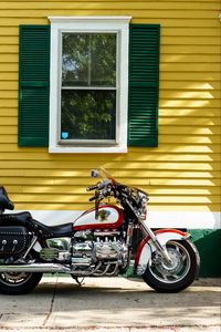 Preview wallpaper motorcycle, bike, red, house, yellow