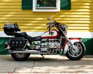 Preview wallpaper motorcycle, bike, red, house, yellow