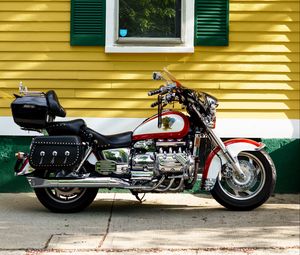 Preview wallpaper motorcycle, bike, red, house, yellow