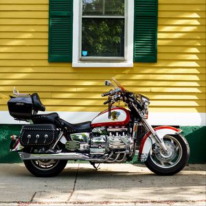 Preview wallpaper motorcycle, bike, red, house, yellow