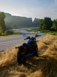 Preview wallpaper motorcycle, bike, road, trees, landscape, moto