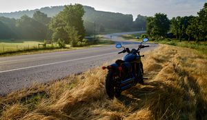 Preview wallpaper motorcycle, bike, road, trees, landscape, moto