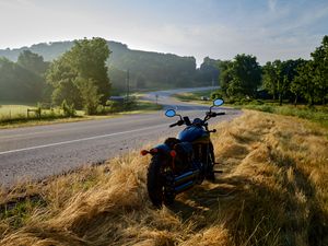 Preview wallpaper motorcycle, bike, road, trees, landscape, moto