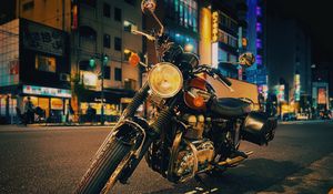 Preview wallpaper motorcycle, bike, street, buildings, lights, night