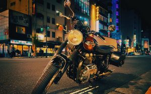 Preview wallpaper motorcycle, bike, street, buildings, lights, night