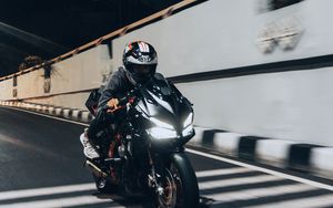 Preview wallpaper motorcycle, black, motorcyclist, speed, road