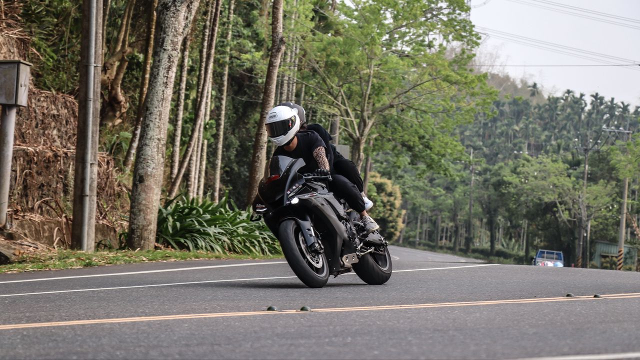 Wallpaper motorcycle, black, motorcyclist, speed, road, trees