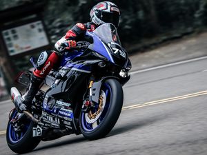 Preview wallpaper motorcycle, blue, bike, motorcyclist, biker, slope, track
