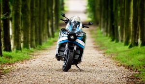 Preview wallpaper motorcycle, blue, forest, trees