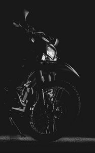 Preview wallpaper motorcycle, bw, wheel, steering wheel, darkness