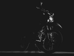 Preview wallpaper motorcycle, bw, wheel, steering wheel, darkness